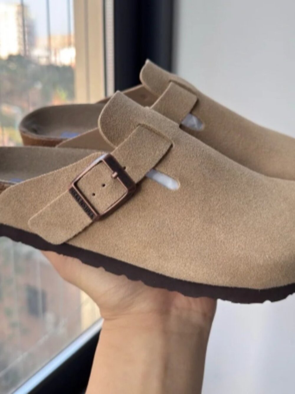Birkenstock Boston taupe suede mule clogs